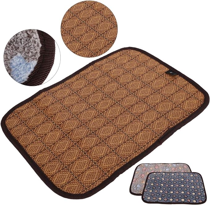 AYNEFY Doublesided Pet Mat Dog Daily Supplies Rattan and Warm Plush Cat Dog Bed for Summer Winter Use with Strong Edging for Cages Or Floor Doublesided Pet Mat Soft Breathable Cooling (L)