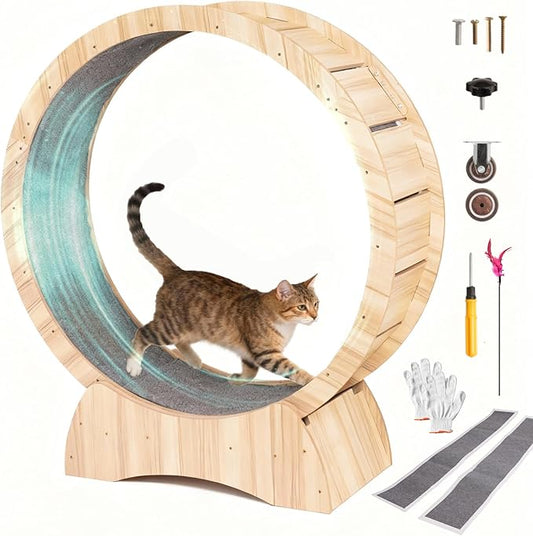 43.3" Cat Wheel for Indoor Cats, Large Cat Exercise Wheel with 2 Detachable Carpeted Runways, Quiet Wood Cat Treadmill with Safety Lock, 7-Layer Plywood Fitness Running Wheel for Cats up to 25 lbs