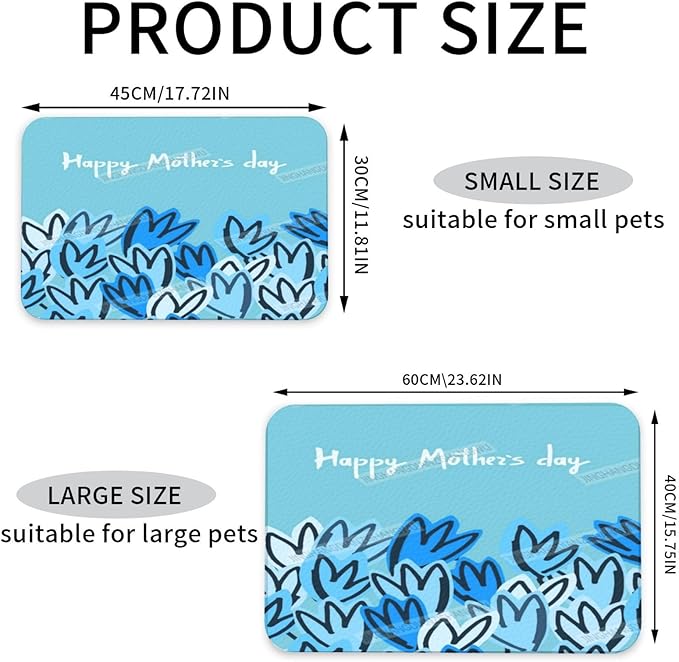 Pet Feeding Mat Happy Mother's Day Floral Gift Mom Blue Heart Dog Food Mat for Food Water No Stains Quick Dry Dispenser Cat Bowl Mats for Messy Drinkers 18X12In