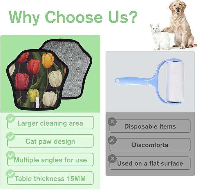 Flower Tulip Theme Electrostatic Pet Hair Removal Glove for Cats & Dogs - Reusable Grooming Mitt for Couch, Carpet, Car Seat & Laundry - Large 9x9 Inch