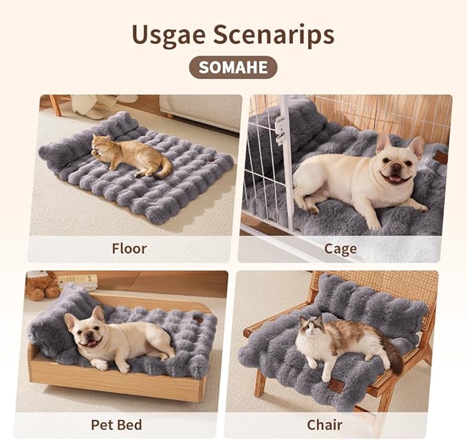 Plush Faux Fur Pet Bed Mat with Non-Slip Bottom, Self-Warming Cat Bed, Washable Pet Bed with Pillow for Cats & Medium Dogs, Machine Washable, 27x20 Inch, Grey
