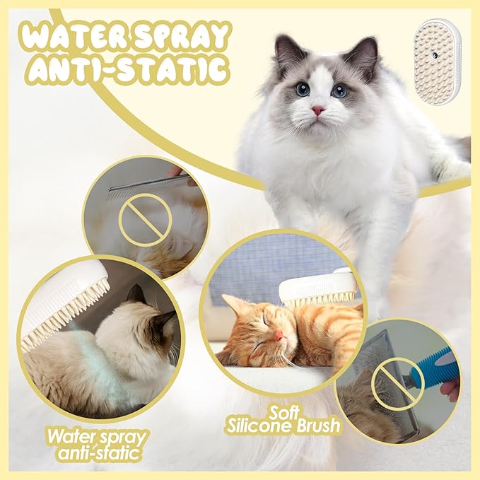 Steam Grooming Brush for Cats and Dogs - Easy to Clean Pet Spa Tool with Water Brush and Hair Removal Technology (O White)