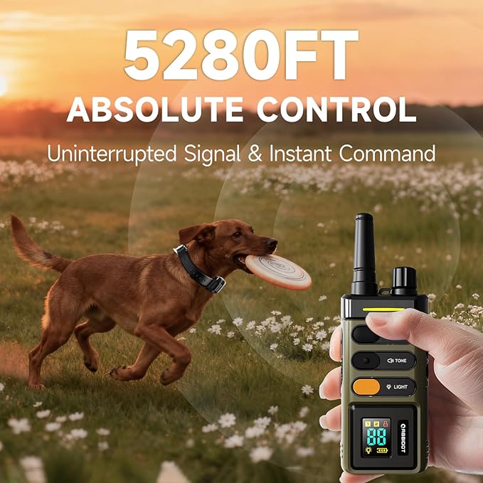 ABBIDOT Long Range Dog Shock Collar with Remote Control 1 Mile/5280 Ft, Safe Shock, Vibrate, Tone, Flashing Beacon Lights, IPX7 Waterproof Rating & Rechargeable E-Collar for All Breeds