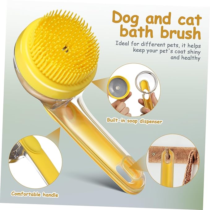 POPETPOP Pet Bath Brush for Cats and Dogs Ergonomic Handle Grooming Tool with Soap Dispenser Soft Head for Gentle Cleaning of Animals Indoor Use Easy to