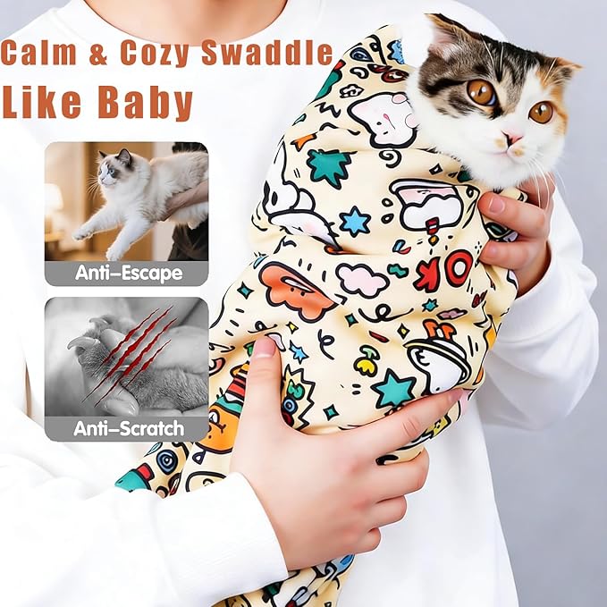 27.6‘’ Cat Grooming Wrap, Self-Adhesive Cat Wrap for Cutting Nails, Calming Cat Burrito Wrap Cat Swaddle Wrap Anti-Scratch Anti-Escape Cat Restraint for Nail Clipping, Medicine, Teeth Brushing