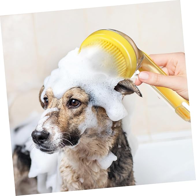POPETPOP Pet Bath Brush for Cats and Dogs Ergonomic Handle Grooming Tool with Soap Dispenser Soft Head for Gentle Cleaning of Animals Indoor Use Easy to
