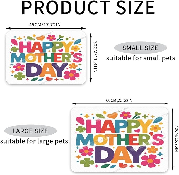 Pet Cat Dog Food Mat Absorbent Dog Feeding Mat Happy Mother's Day Floral Gift Mom Colorful Ei No Stains Cat Food Mats Indoor Pet Dogs Placemat Water Bowl Mats with Rubber Backing 18X12In