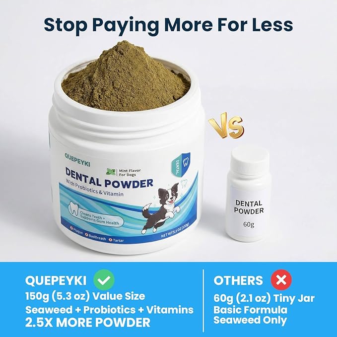 Dog Dental Powder & Breath Freshener - No-Brush Teeth Cleaning Food Topper for Plaque & Tartar Control - Oral Care: 1B CFU Probiotics, 1200mg Kelp per Scoop, SHMP - Chicken Liver, 150g
