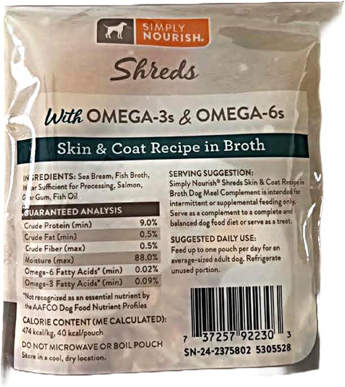 SIMPLY NOURISH Shreds Meal Toppers Pack of 4-3 Ounce Pouches. Plus Biggs Dog Waster Roll. (Skin & Coat w/Ocean Fish)