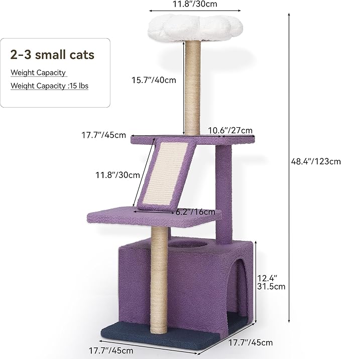 YITAHOME 48.4in Flower Cat Tree Tower: Cute Kitten Climbing Tower Indoor with Kitty Condo, Sisal Scratching Posts and Board, Purple and White