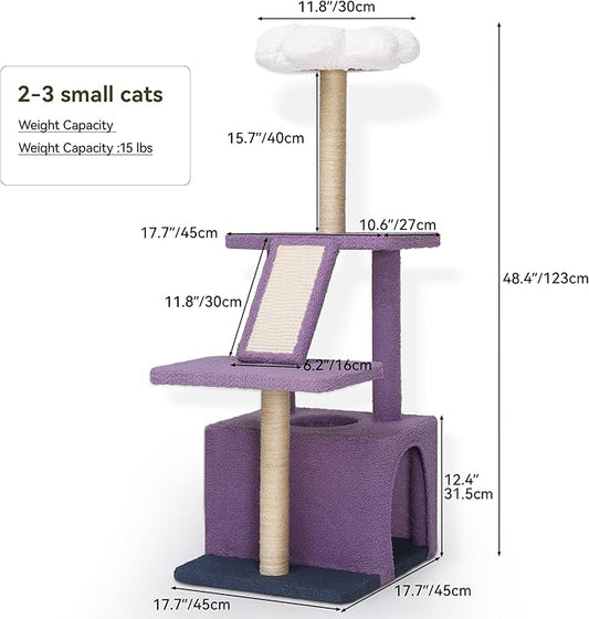 YITAHOME 48.4in Flower Cat Tree Tower: Cute Kitten Climbing Tower Indoor with Kitty Condo, Sisal Scratching Posts and Board, Purple and White