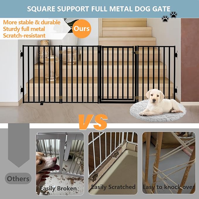 Full Metal Freestanding Dog Gates with Door, 36" Height Dog Fences for Indoor & Outdoor, Extra Wide Foldable Pet Gates for Stairs, Hallways, Doorways, Yard (4 Panels, 80" W × 36" H)