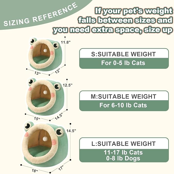 Jiupety Cute Cat Bed, Indoor Lovely Velvet Igloo for Cat and Small Dog, Warm Cave Sleeping Nest Bed for Puppy and Kitten, Green Frog, L