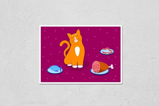 Wall Art Poster Print of Food for Cats, Pets. a Cute Red Cartoon Cat, Kitty with a Funny Muzzle, Face is Sitting Straight with Its Eyes Closed, Next to Different Foods. Dishes with Ham, Sausages and