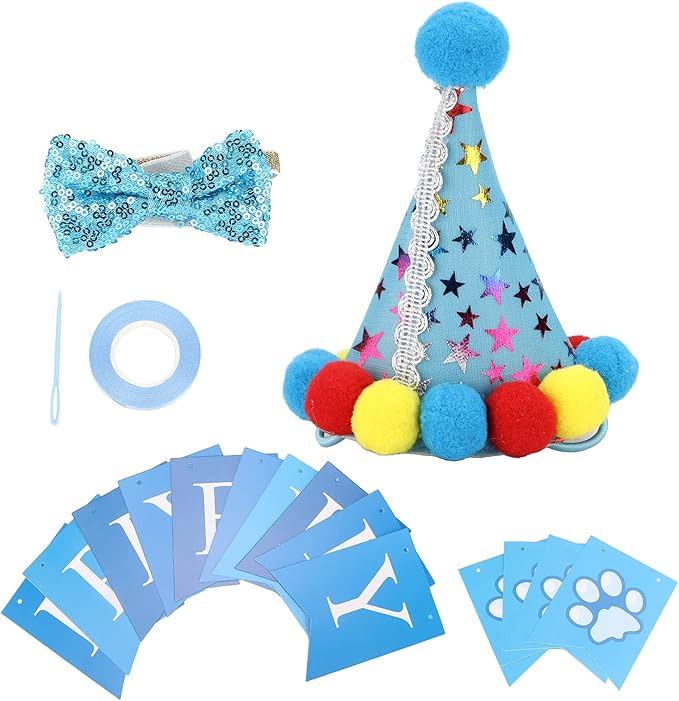 Dog Birthday Hat and Bow Tie Set, Adjustable Soft Pet Party Supplies, Cute Birthday Decorations with Banner for Small Medium Dogs, Washable Polyester Cotton Fabric (Blue)