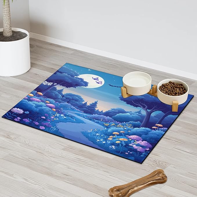 Forest Moon Dog Food Mat for Floors Absorbent, Quick Dry Water Dispenser Mat for Food, Water, Pet Supplies 16" x 24", Flower