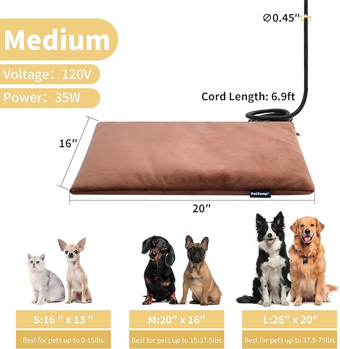 Pet Heating Pad for Cats Dogs Indoor & Sheltered Outdoor Waterproof Heated Cat Bed Heated Dog Bed Chew Resistant Cord Constant Temperature Brown 20 x 16 Inch
