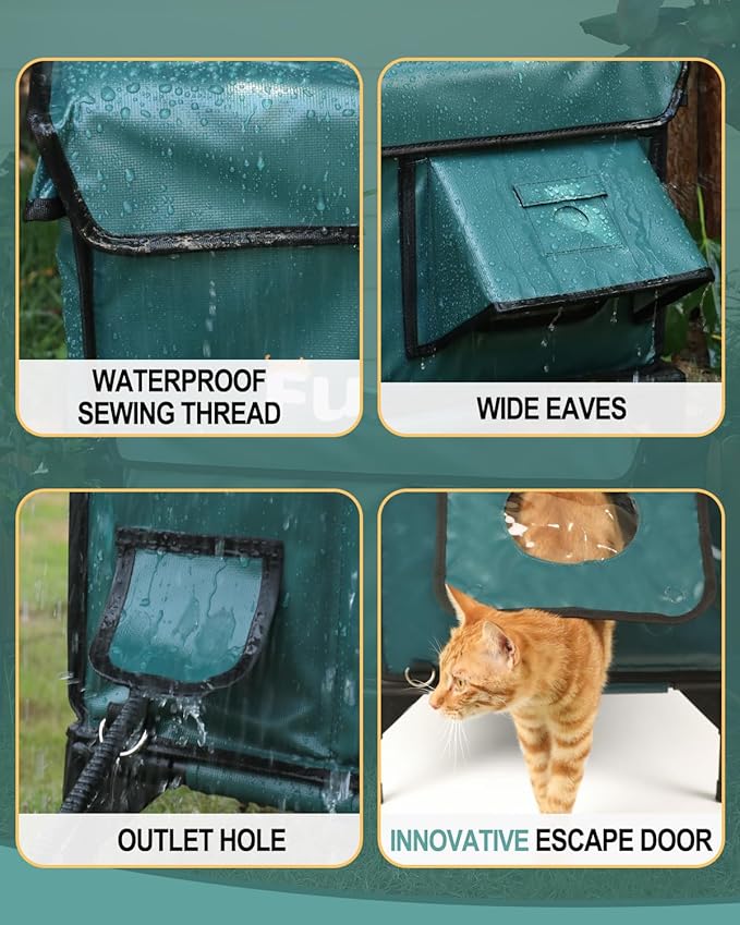 Heated Cat House for Outdoor Cats, Waterproof Insulated Outdoor Cat House with Heating Pad, Weatherproof Elevated Heated Cats House for Outside Feral Cats(Deep Green, 25" L x 16" W x 18" H)