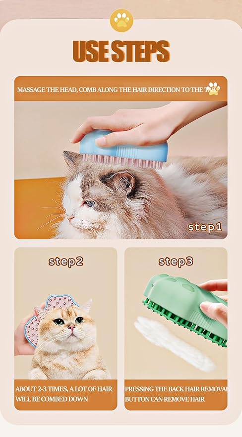 Steamy Cat Brush,Self Cleaning Steam Cat Brush,Electric Cat Steamer Brush for Massage Shedding Grooming Bath,Pet Hair Removal Comb,Wet Cat Brush with Water (Pink)
