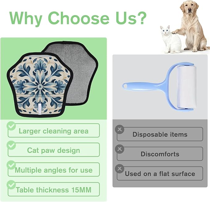 Reusable Pet Hair Removal Glove Blue Flower Magic Brush for Cat & Dog Hair Remover for Car, Sofa, Bedding, Clothes - 9x9 Mitt Washable