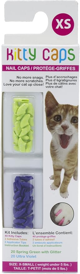 Kitty Caps Nail Caps for Cats, Spring Green with Glitter & Ultra Violet - Safe, Stylish & Humane Alternative to Declawing Stops Snags & Scratches, X-Small (Under 5 lbs), 40 Count
