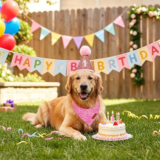 PTDECOR Dog Birthday Party Supplies, Pink Birthday Girl Bandana, Glitter Dog Birthday Hat with Numbers for Large X-Large Dogs Pets (X-Large)