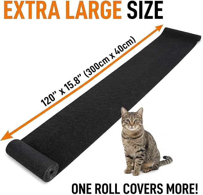120"x15.8" Cat Scratch Mat Self-Adhesive Cat Scratch Carpet Trimmable Self-Adhesive Carpet Climb-Cat Scratcher for Couch, Sofa, Wall, Door Covering Tower and Replacement Pads (Black)