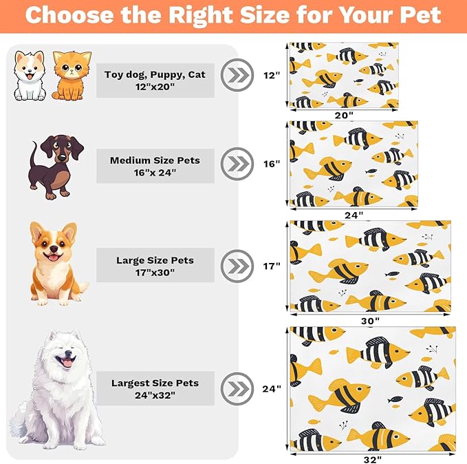 Cute Fish Dog Food Mat for Floors Absorbent Dog Bowl Mat for Food and Water Dispenser Quick Dry Cat Food Placemat Pet Supplies 12" x 20", Ocean