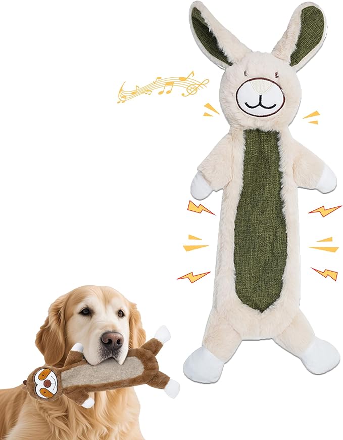 Squeaky Dog Toys for Small & Medium Breeds, Soft No Stuffing Interactive Puppy Teething Chewing Toy with Crinkle Paper, Best Birthday, Christmas, Halloween, Easter Gift, Flat Rabbit