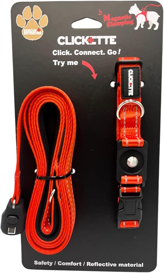 Clickette- Magnetic Quick-Lock Collar & Leash (Orange, Medium)