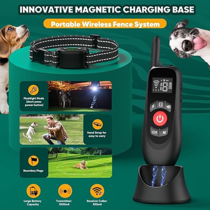 Wireless Dog Fence Collar, Electric Dog Fence & Remote Training Collar, Magnetic Charging Base, Portable Outdoor Wireless for Yards, Adjustable for Small Medium Large Dogs