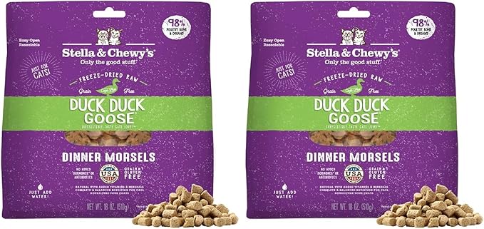 Stella & Chewy's Freeze-Dried Raw Cat Dinner Morsels - Premium Duck & Goose Recipe with 98% Cage-Free Poultry-& Organs - Natural Grain-Free Cat-& Kitten Food - Made in USA - 18 oz,(Pack of 2)