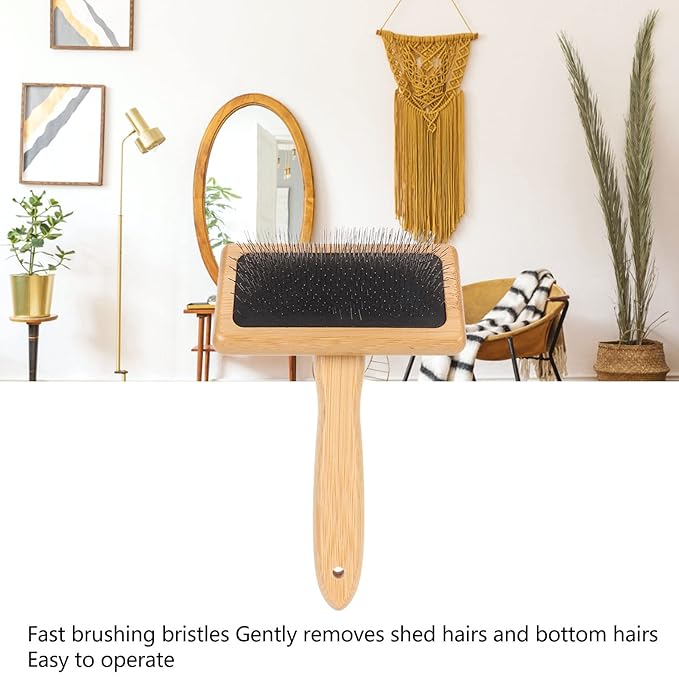 Macrame Slicker Pet Comb with Air Bag, Stainless Steel Teeth, Cushion Bamboo Handle Cleaning Pet Hair Brush, Pet Detangling flea Comb Tool for Dog Cat Safe Gentle Grooming