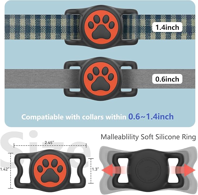 2-Pack Airtag Holder for Dog Collar, Waterproof Silicone Protective Case Cover, Anti-Lost Tracker Universal Fit for All Width Pet Collars (Black&Orange)
