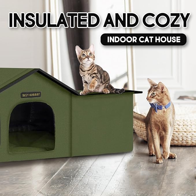 Rest-Eazzzy Cat House for Outdoor Cats, Weatherproof and Insulated Feral Cat House with Mat and Clip, Easy to Put Together, Selfwarming Cat Shelter for Winter(Green, Waterproof House-S)
