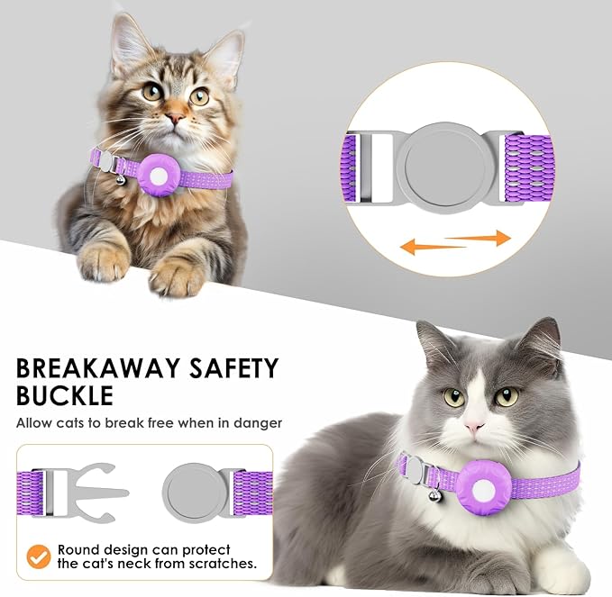 Cat GPS Tracker, Cat Tracker Collar with Safety Elastic Buckle, GPS Tracker Compatible with Apple Find My App (Only iOS), No Monthly Fee, Purple