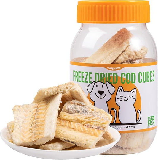 Freeze Dried Cod Dog & Cat Treats - Single Ingredient, High Protein, Rich in Omega-3 Supports Joint, Skin Coat Health, Large Piece Training Snacks (14-15 Pcs)