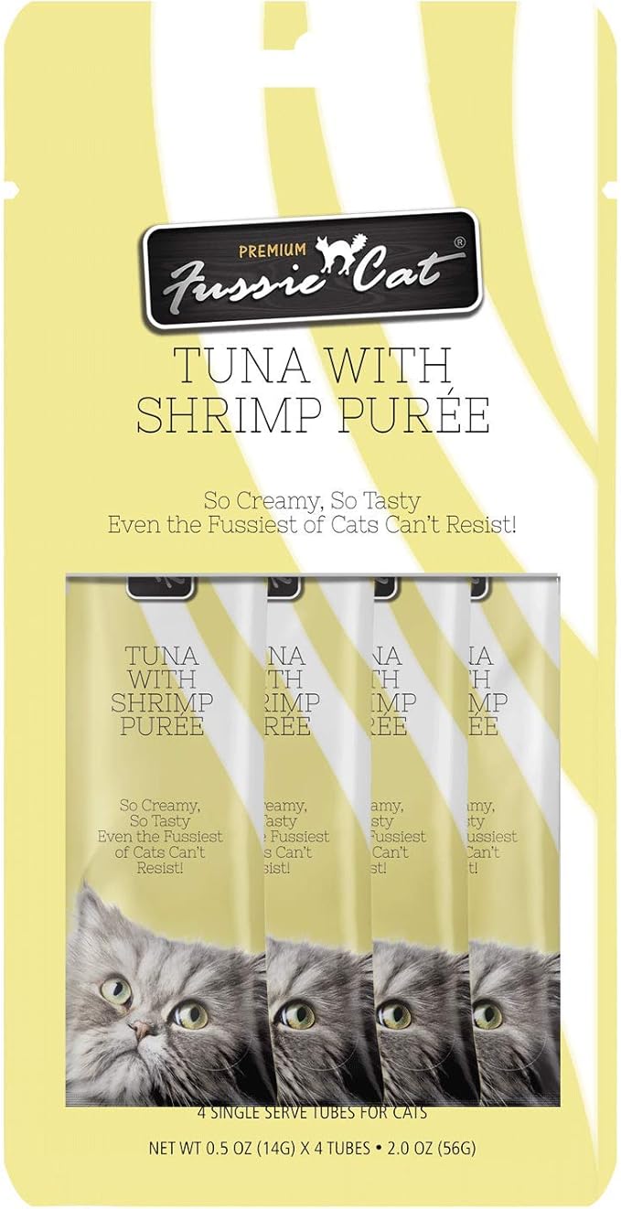 Fussie Cat Tuna with Shrimp Puree, lickable cat Treats, 0.5oz Pouch Pack of 4