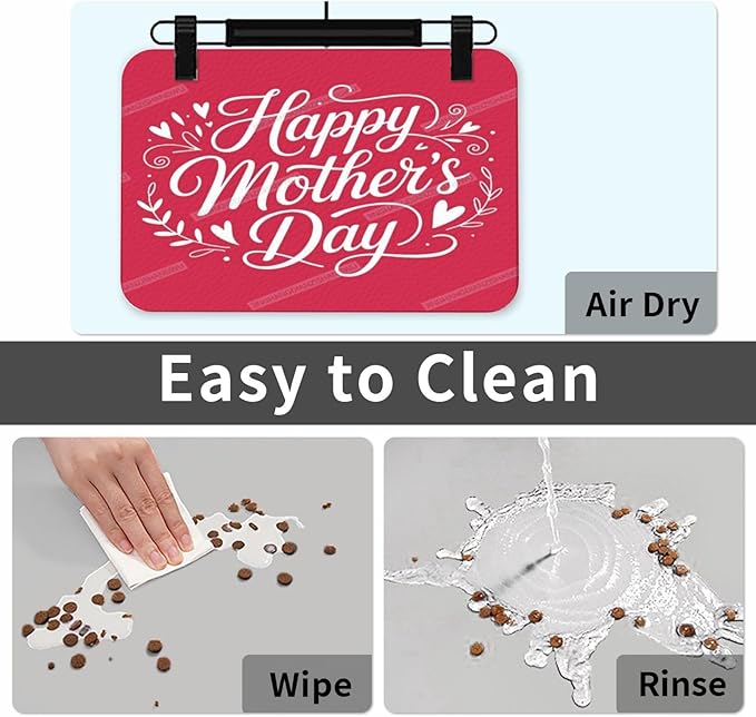 Pet Feeding Mats with Residue Collection Red Happy Mother's Day Floral Gift for Mom Dw Waterproof Dog Cat Bowl Mat 24x16In with Prevent Water Food Spills