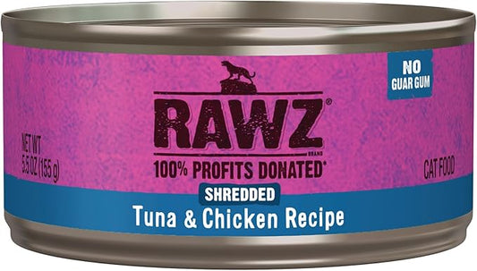 Rawz Natural Premium Shredded Canned Cat Wet Food - Made with Real Meat Ingredients No BPA or Gums - 5.5oz Cans 24 Count (Tuna & Chicken)