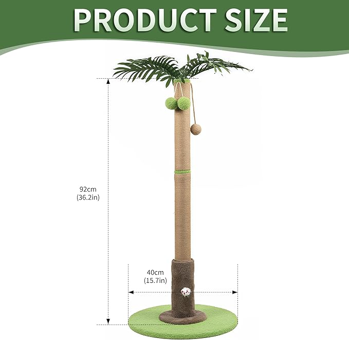 RPZ Palm Tree Cat Scratching Post for Indoor Cats, Tall Sisal Cat Scratcher Tree with Sturdy Base, Cute Cat Scratch Post for Kittens & Adult Cats