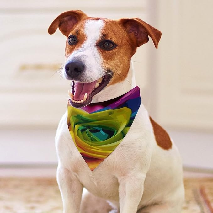 Dog Bandana Spring Pet Scarf Adjustable Triangle Rainbow Flower Printing Dog Bib Washable Polyester Puppy Bandana for Small Medium Large Dogs Cat Birthday Party Supplies