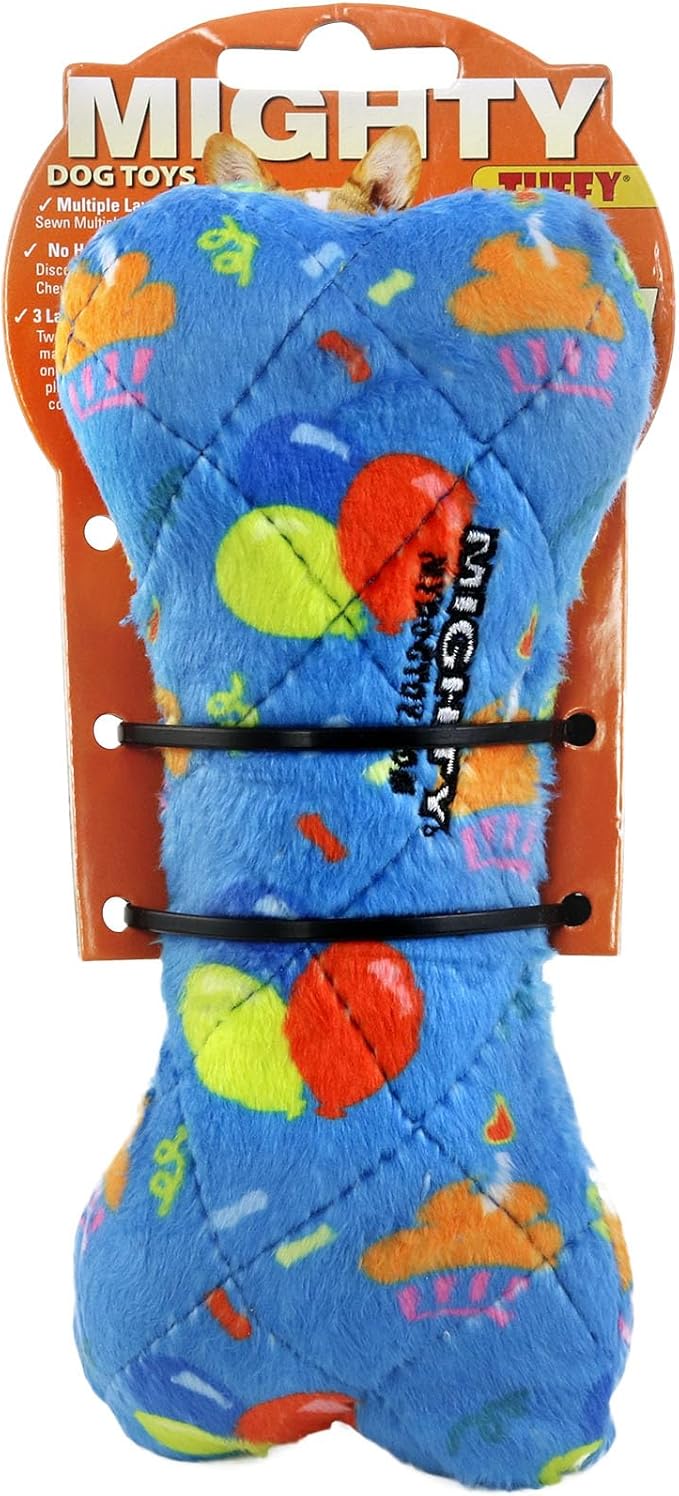 MIGHTY- NO Stuff Bone– Squeaky Plastic Core. 2-in-1 Toy. Made Durable, Strong & Tough. Interactive Play Dog Toy (Tug, Toss & Fetch). It Floats. (Celebration, Medium)