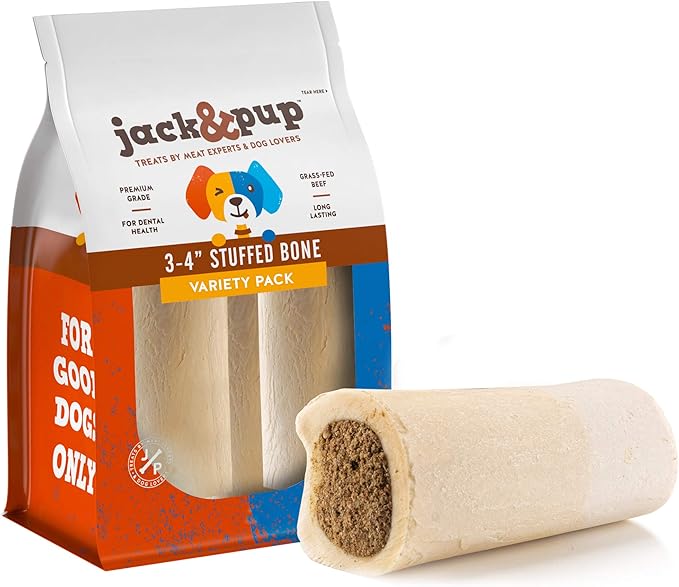 Jack&Pup 3-4" Filled Dog Bones for Small and Large Dogs, Flavored Shin Dog Bones Long Lasting, Stuffed Bone for Dogs, High Protein, Variety Pack - Peanut Butter, Bully Stick, Bacon & Cheese - 3 Pack