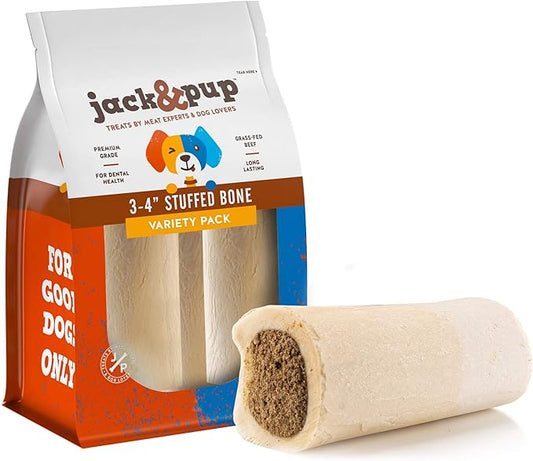 Jack&Pup 3-4" Filled Dog Bones for Small and Large Dogs, Flavored Shin Dog Bones Long Lasting, Stuffed Bone for Dogs, High Protein, Variety Pack - Peanut Butter, Bully Stick, Bacon & Cheese - 3 Pack