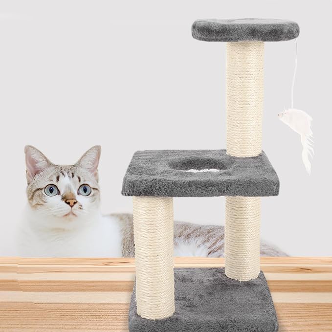 BESTonZON Multi-Layer Sisal Cat Scratcher with Mouse Three-Tier Sturdy Kitten Climbing Tower Gray Cat Scratch Post for Indoor and Daily Use