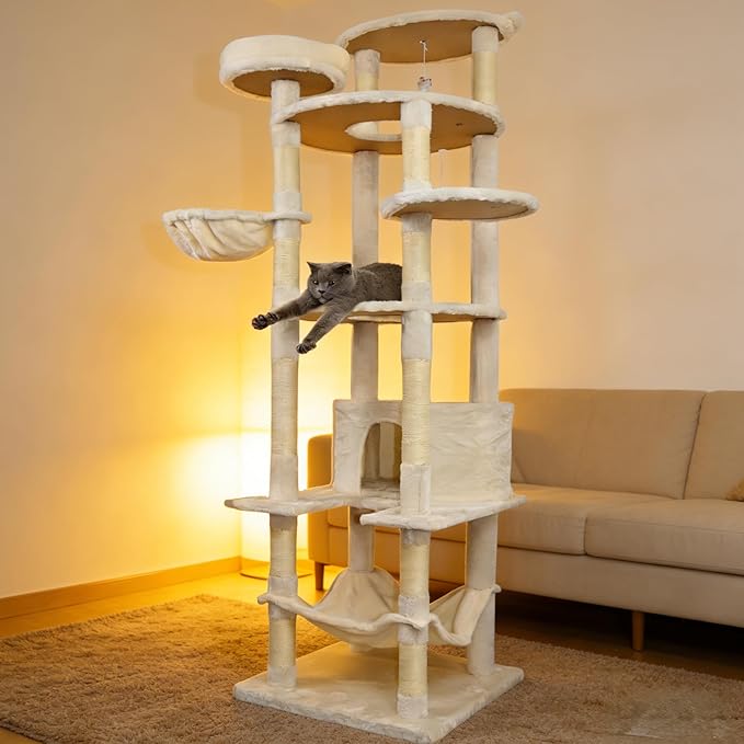 78.8 Inches Cat Tower for Indoor Cats, Cute Cat Tree with Cozy Condo, Platform, Hammock, Sisal Scratch Board and Interactive Toy (Beige)