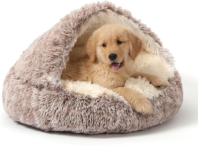 NOYAL Round Hooded Donut Dog Bed for Small & Medium Pets - Plush Fluffy Anti-Anxiety Cat Cave Bed with Cover