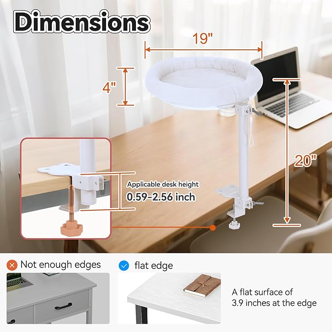 Cat Desk Bed,Steel Cat Bed for Desk,Up and Down Available,360° Rotating, Shelf Height Adjustable, Desktop Attachment Cats Nest Perch Hammock for Office Game Tables, Supports 40lb (White)