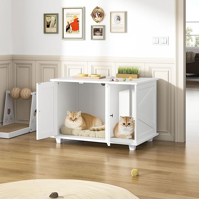 Giluta Cat Litter Box Enclosure,Hidden Litter Box Furniture Cabinet with Scratching Pad,Wooden Pet House Side End Table for Living Room Washroom,31.5 x 20.5 x 21.6 Inches (White)